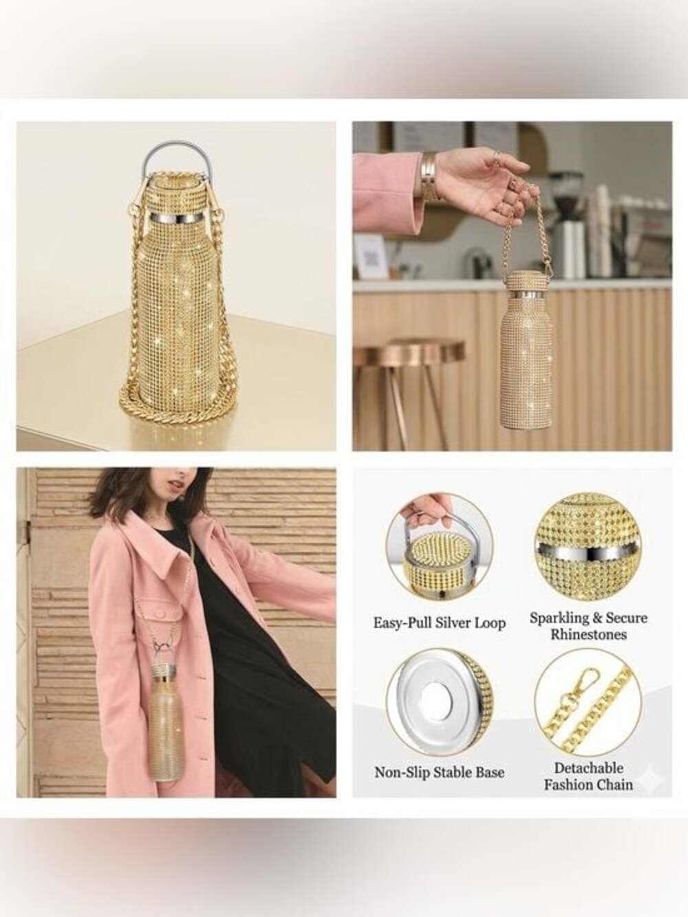 Nordstrom Gold Crystal-Embellished Water Bottle with Chain Strap - Picture 2 of 5